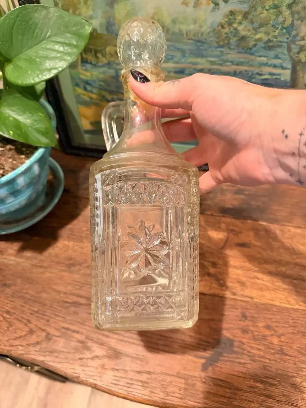 Vintage Pressed Glass Decanter Bottle with Handle and Stopper Grace Pattern